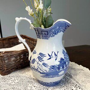 Vintage Spode Blue and White Pitcher Vase Willow Chinoiserie Delft Fine China